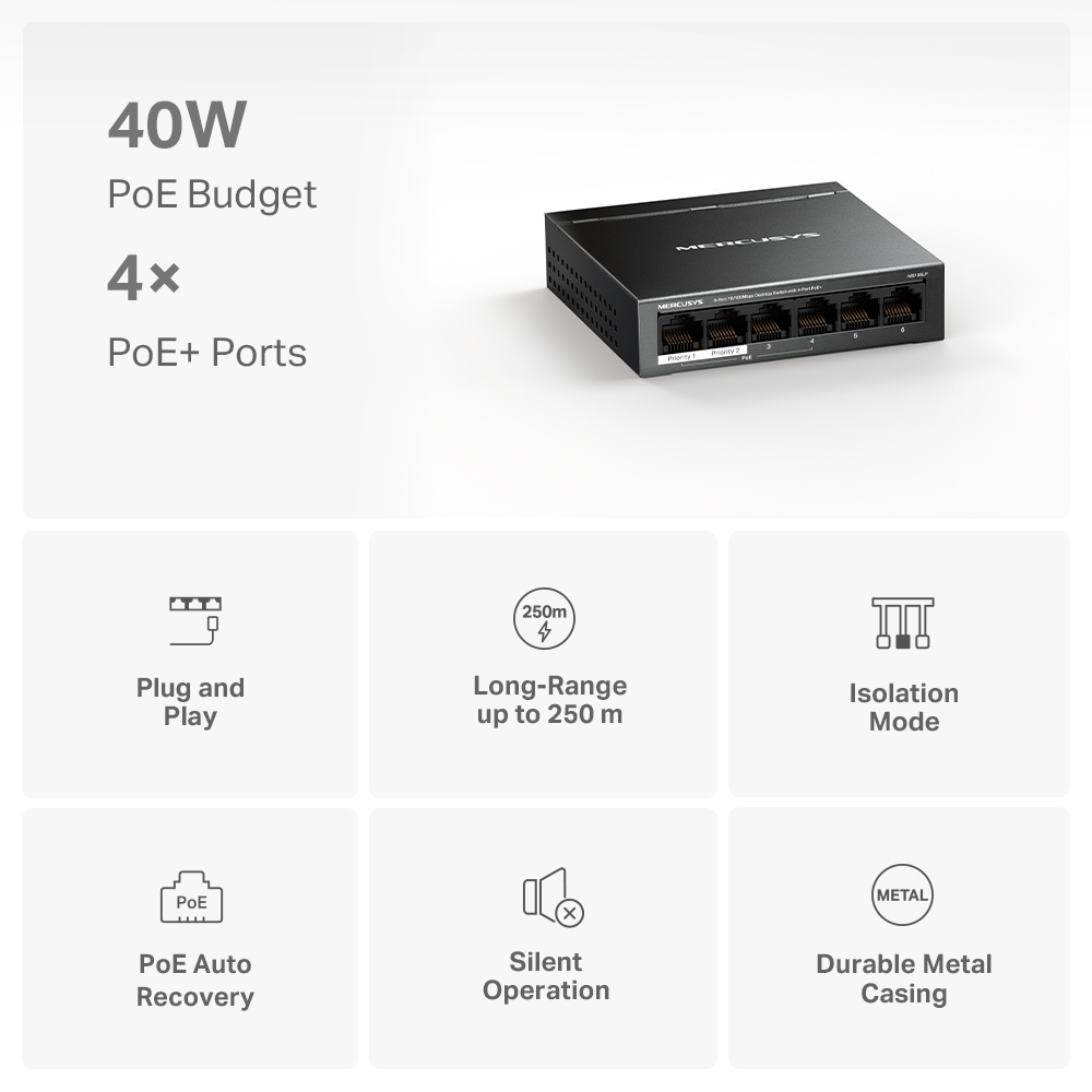 Tp-lınk%20Mercusys%20Ms106lp%206%20Port%2010/100%204%20Port%20Poe+%20Yonetılemez%20Desktop%20Swıtch%20Metal%20Kasa