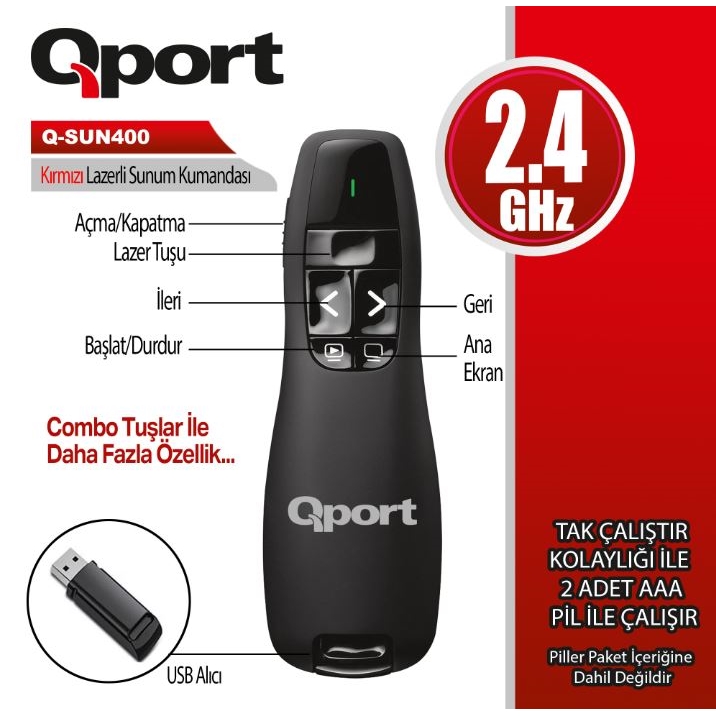 Qport%20Q-sun400%202.4%20Ghz%20Kırmızı%20Lazerli%20Kablosuz%20Presenter%20Siyah