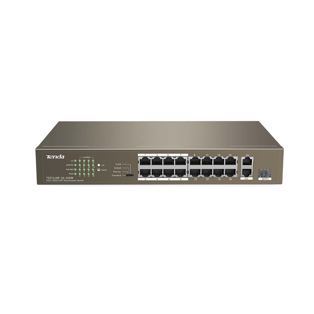 Tenda%20Tef1118p-16-150w%2016%20Port%2010/100%20Poe%202%20Port%20Uplınk%20+%201%20Sfp%20150w%20Yonetılemez%20Desktop%20Swıtch