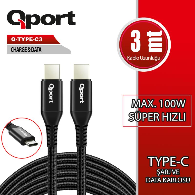 Qport%20Q-type-c3%203m%20Type-c%20100w%20Şarj%20Ve%20Data%20Kablosu