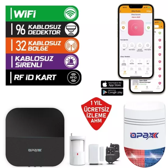 OPAX-W20-SİYAH+BGR-09 GPRS I WİFİ & BGR-09 KABLOSUZ SİRENLİ ALARM SİSTEMİ (1 YIL AHM ÜCRETSİZ)