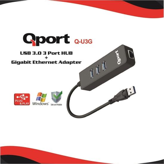 QPORT Q-U3G 10/100/1000 USB3.0 3PORT USB ÇOK+USB ETHERNET