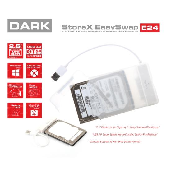 DARK DK-AC-DSE24U3 STOREX E24 2.5’’ USB 3.0 SATA ÇIKARILABİLİR BAŞLIKLI ŞEFFAF DİSK KUTUSU