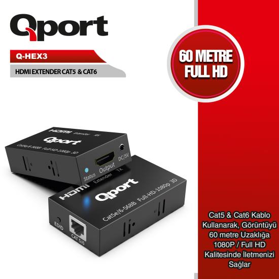 QPORT Q-HEX3 CAT6 60MT (2Lİ) HDMI EXTENDER