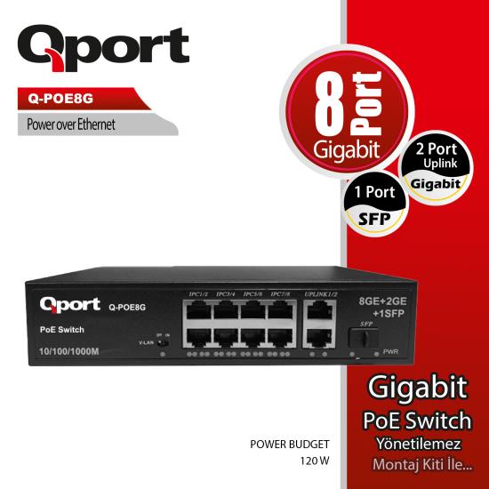 Qport Q-poe8g 8 Port 10/100/1000 8 Port Poe 2 Port Uplınk + 1 Sfp 120w Yonetılemez Desktop Swıtch