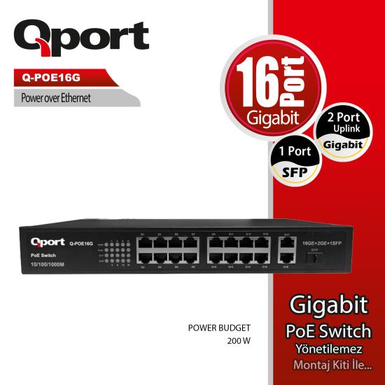 Qport Q-poe16g 16 Port 10/100/1000 16 Port Poe 2 Port Uplınk + 1 Sfp 200w Yonetılemez Desktop Swıtch
